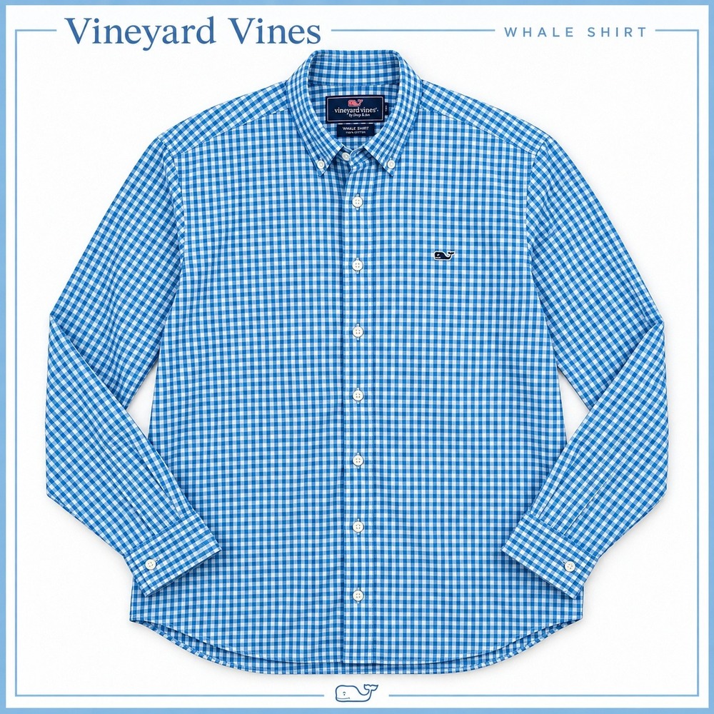 Vineyard Vines Whale Shirt Mens XL Blue White Gingham Button Down Preppy Coastal